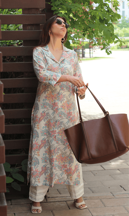 Linen Blend Pastel Print Collared Pleated Kurta with Pants - Baareeki