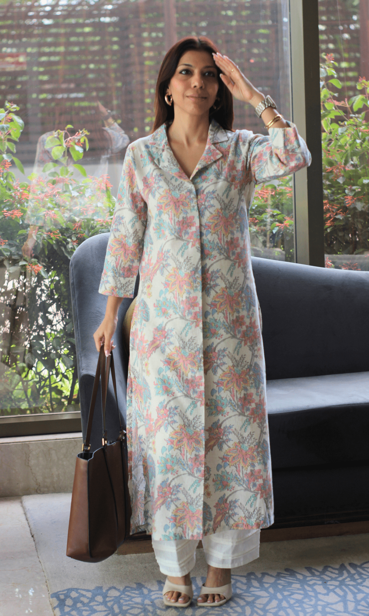 Linen Blend Pastel Print Collared Pleated Kurta with Pants - Baareeki