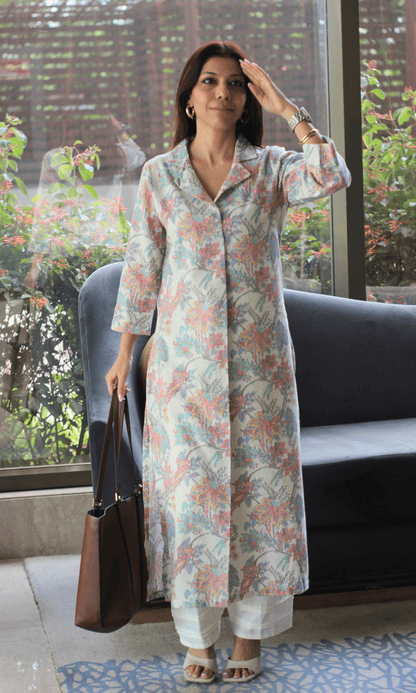 Linen Blend Pastel Print Collared Pleated Kurta with Pants - Baareeki