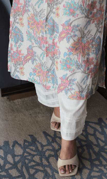 Linen Blend Pastel Print Collared Pleated Kurta with Pants - Baareeki