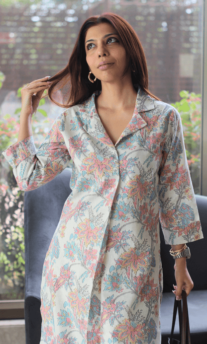 Linen Blend Pastel Print Collared Pleated Kurta with Pants - Baareeki