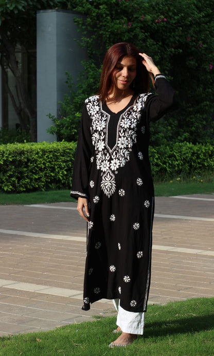 Modal Black and White Handwork Chikankari Kurta - Baareeki