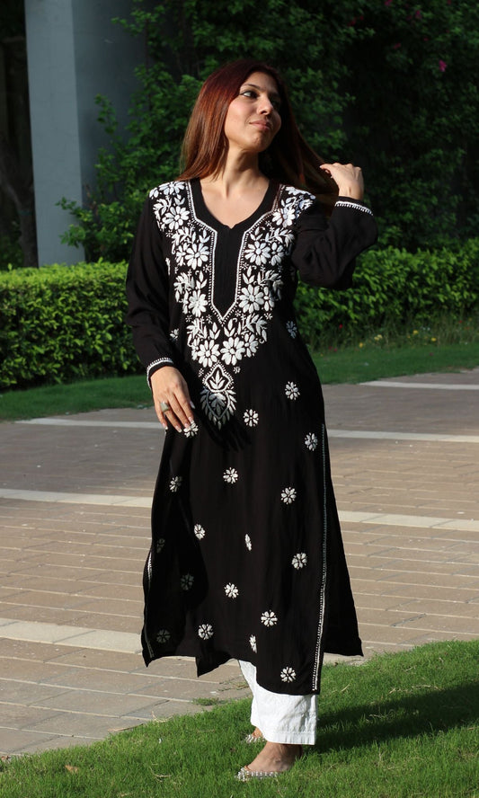 Modal Black and White Handwork Chikankari Kurta - Baareeki