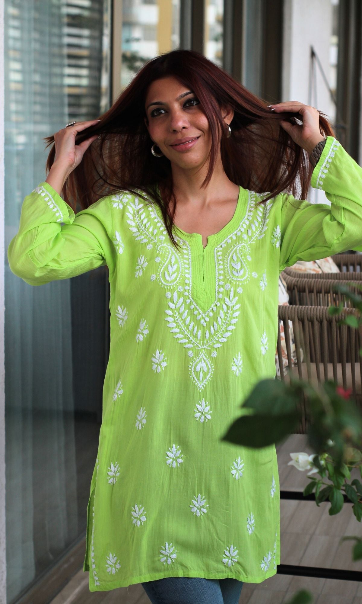 Modal Lime Green Handwork Chikankari Short Kurti - Baareeki