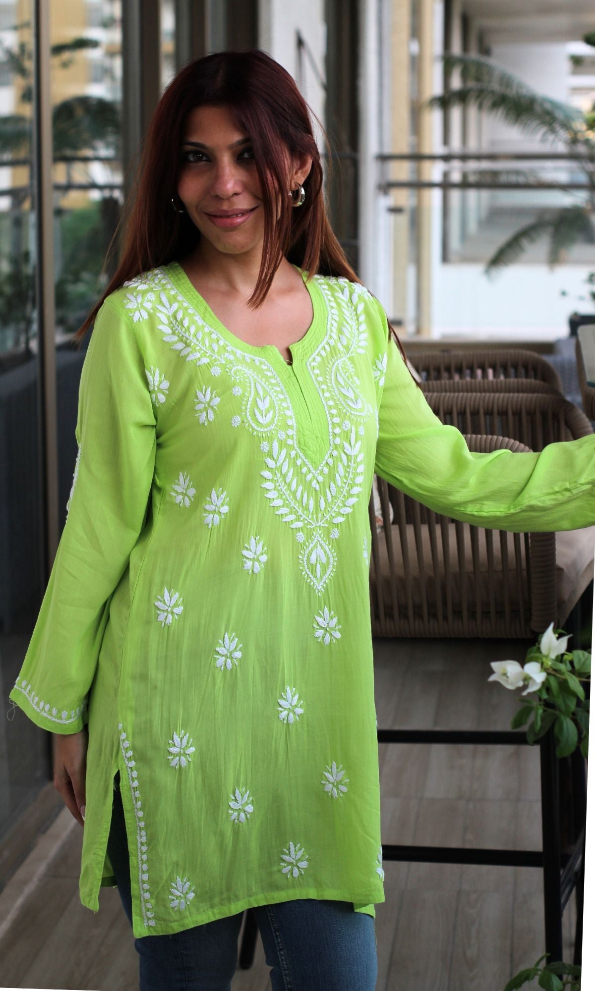 Modal Lime Green Handwork Chikankari Short Kurti - Baareeki