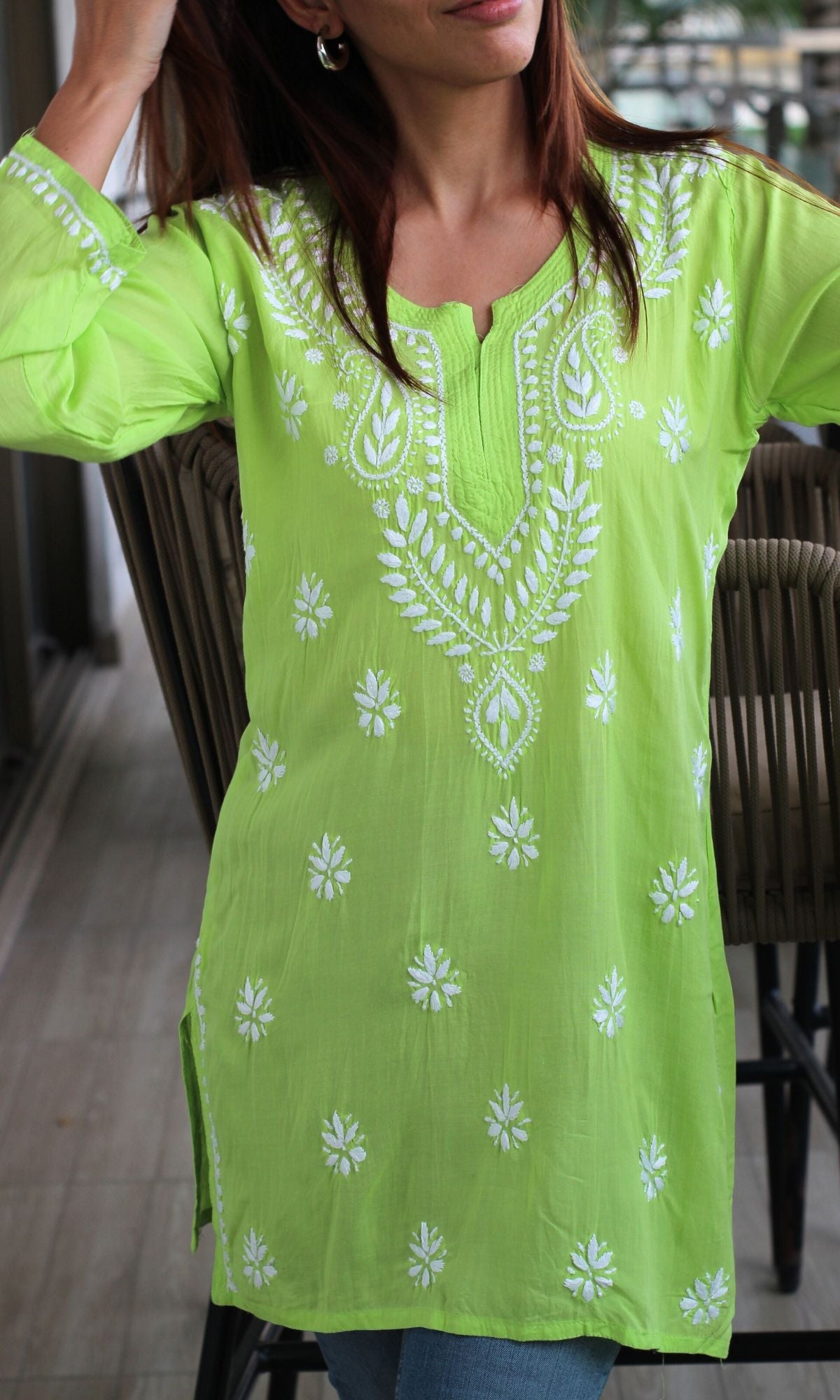 Modal Lime Green Handwork Chikankari Short Kurti - Baareeki