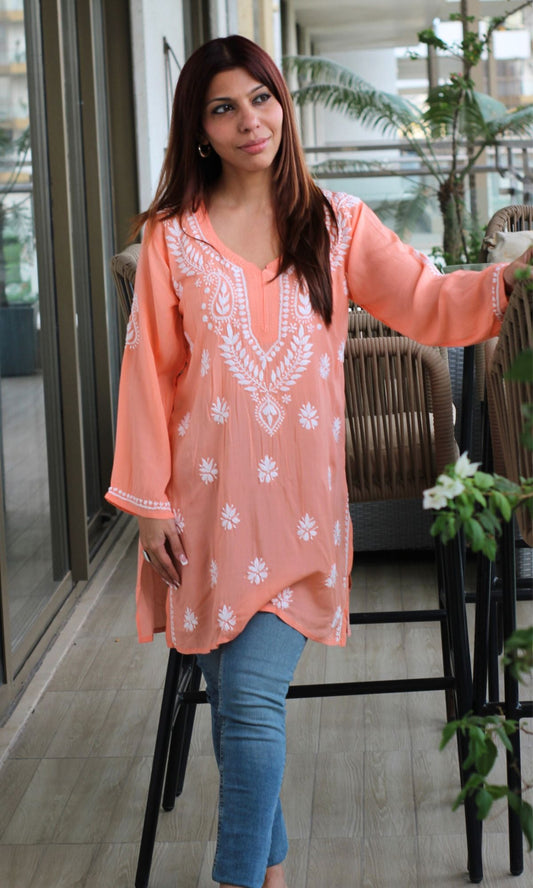 Modal Peach Handwork Chikankari Short Kurti - Baareeki