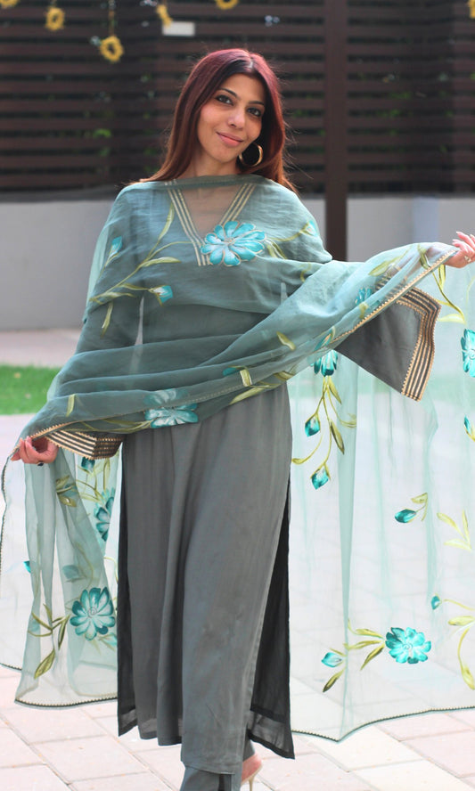 Muslin Silk Pistachio Slit Sleeves Suit with Organza Handpainted Dupatta - Baareeki