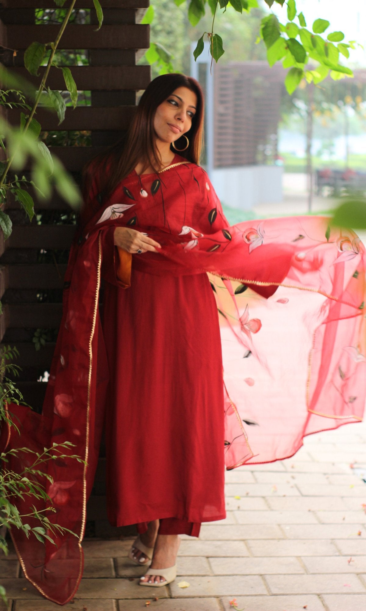 Muslin Silk Ruby Red Bell Sleeves Suit with Organza Handpainted Dupatta - Baareeki