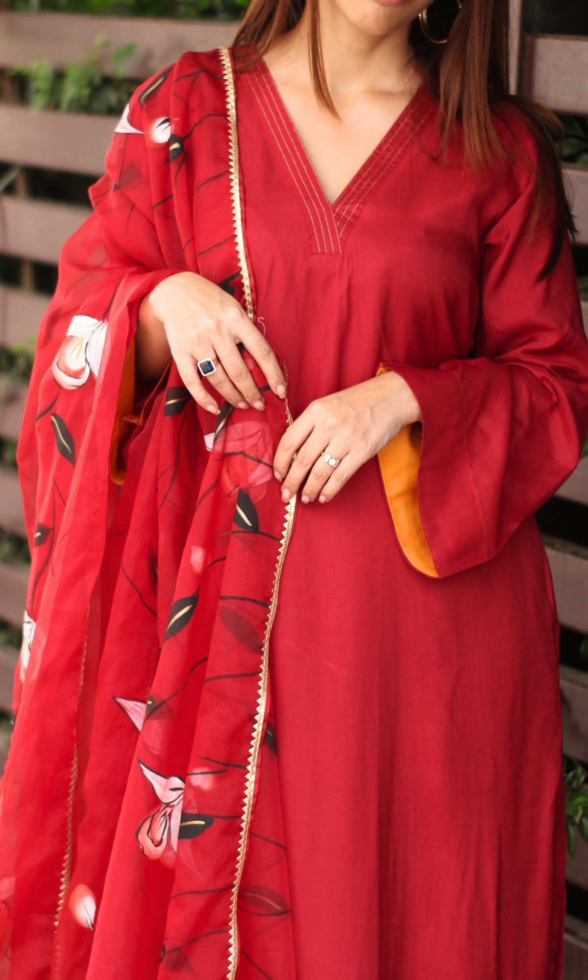 Muslin Silk Ruby Red Bell Sleeves Suit with Organza Handpainted Dupatta - Baareeki