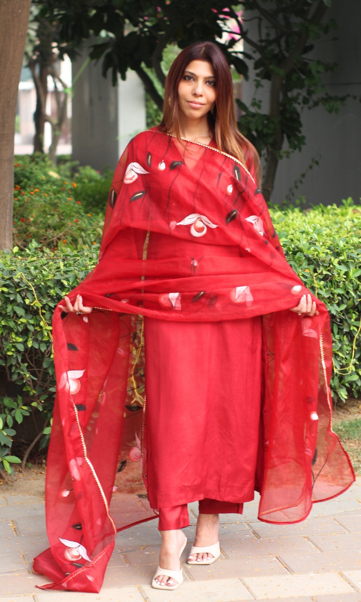 Muslin Silk Ruby Red Bell Sleeves Suit with Organza Handpainted Dupatta - Baareeki