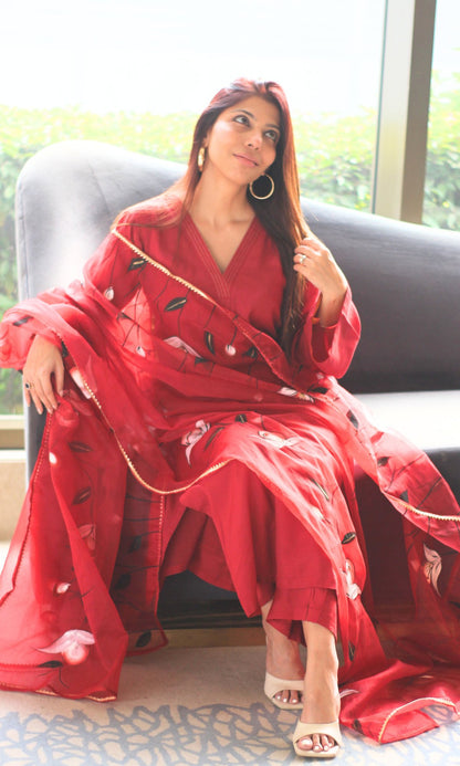 Muslin Silk Ruby Red Bell Sleeves Suit with Organza Handpainted Dupatta - Baareeki