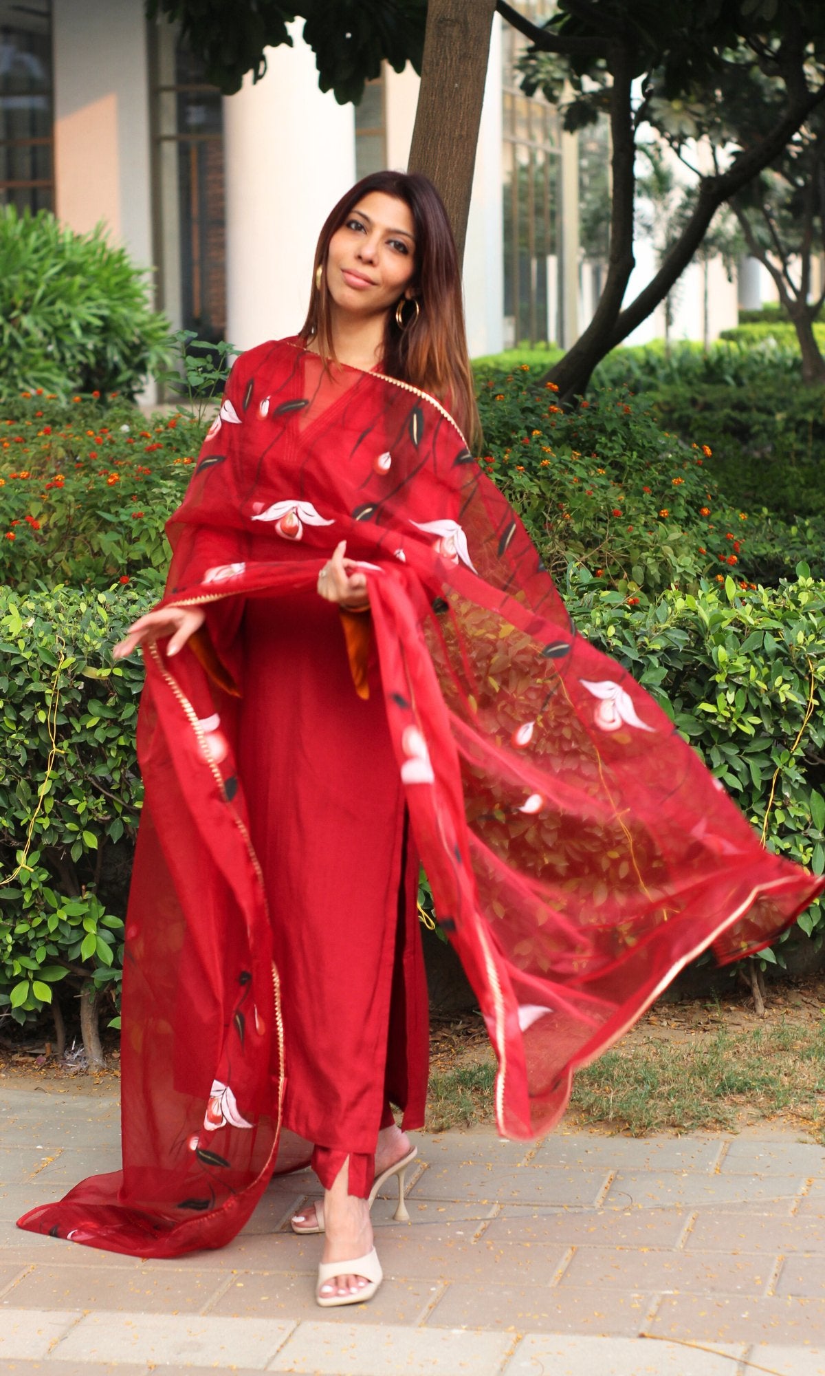 Muslin Silk Ruby Red Bell Sleeves Suit with Organza Handpainted Dupatta - Baareeki