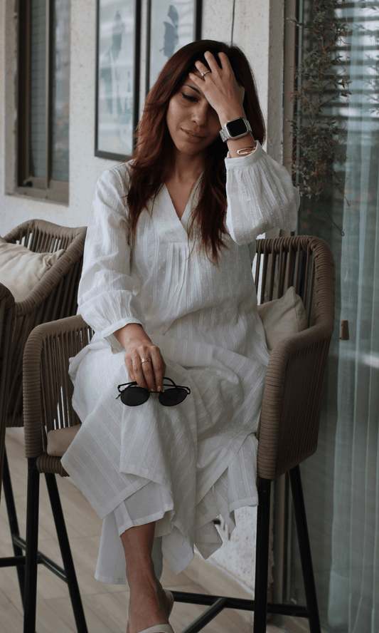 Off - White Cotton Dobby Kurta & Cotton Pant Set - Baareeki