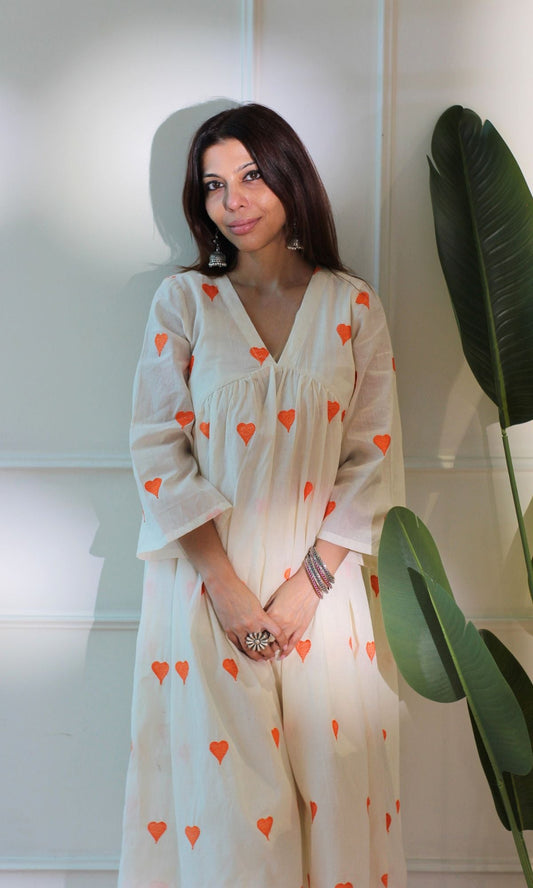 Orange Hearts Cotton Flared Kurta & Pant Set - Baareeki