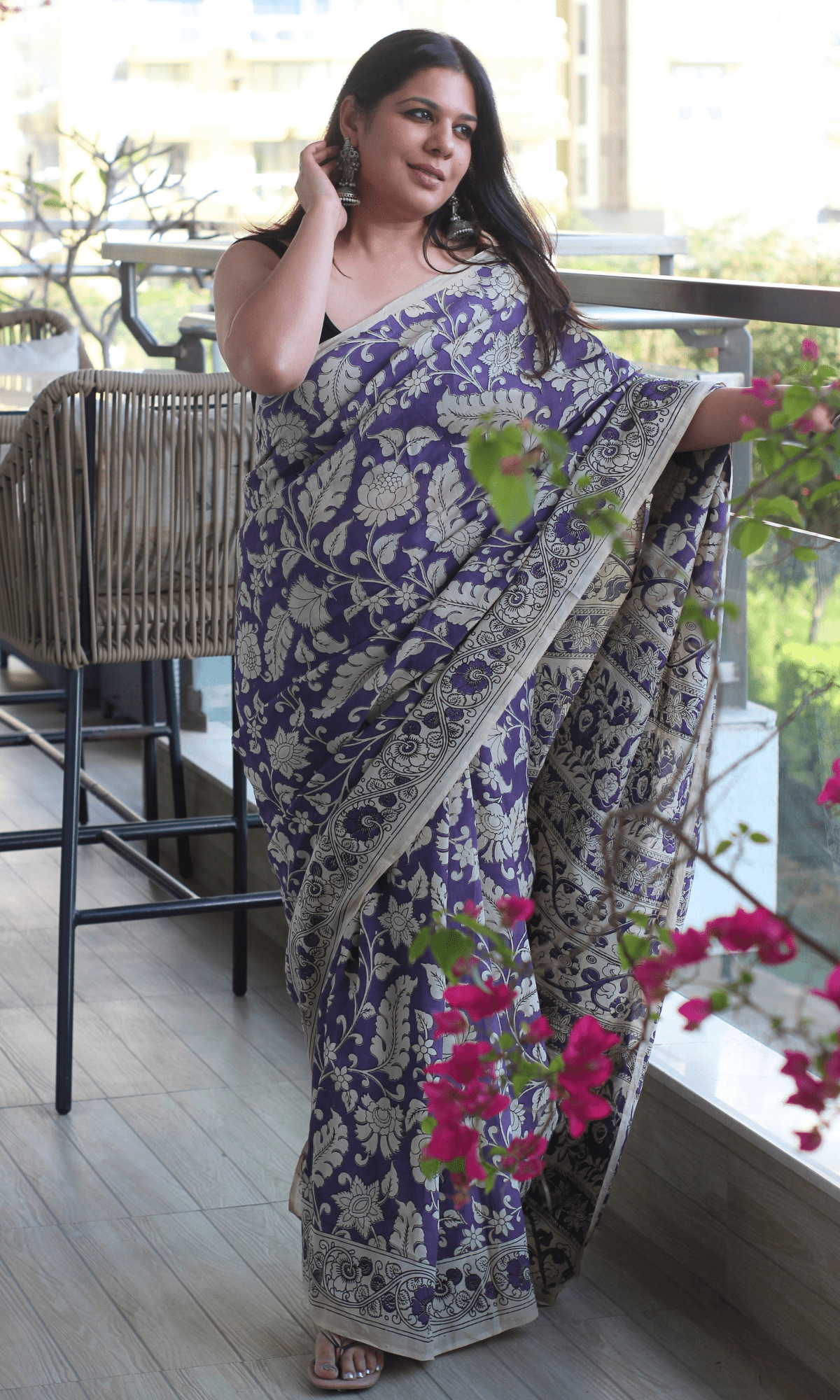 Purple Handblock Kalamkari Silk Saree - Baareeki