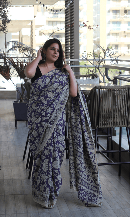 Purple Handblock Kalamkari Silk Saree - Baareeki