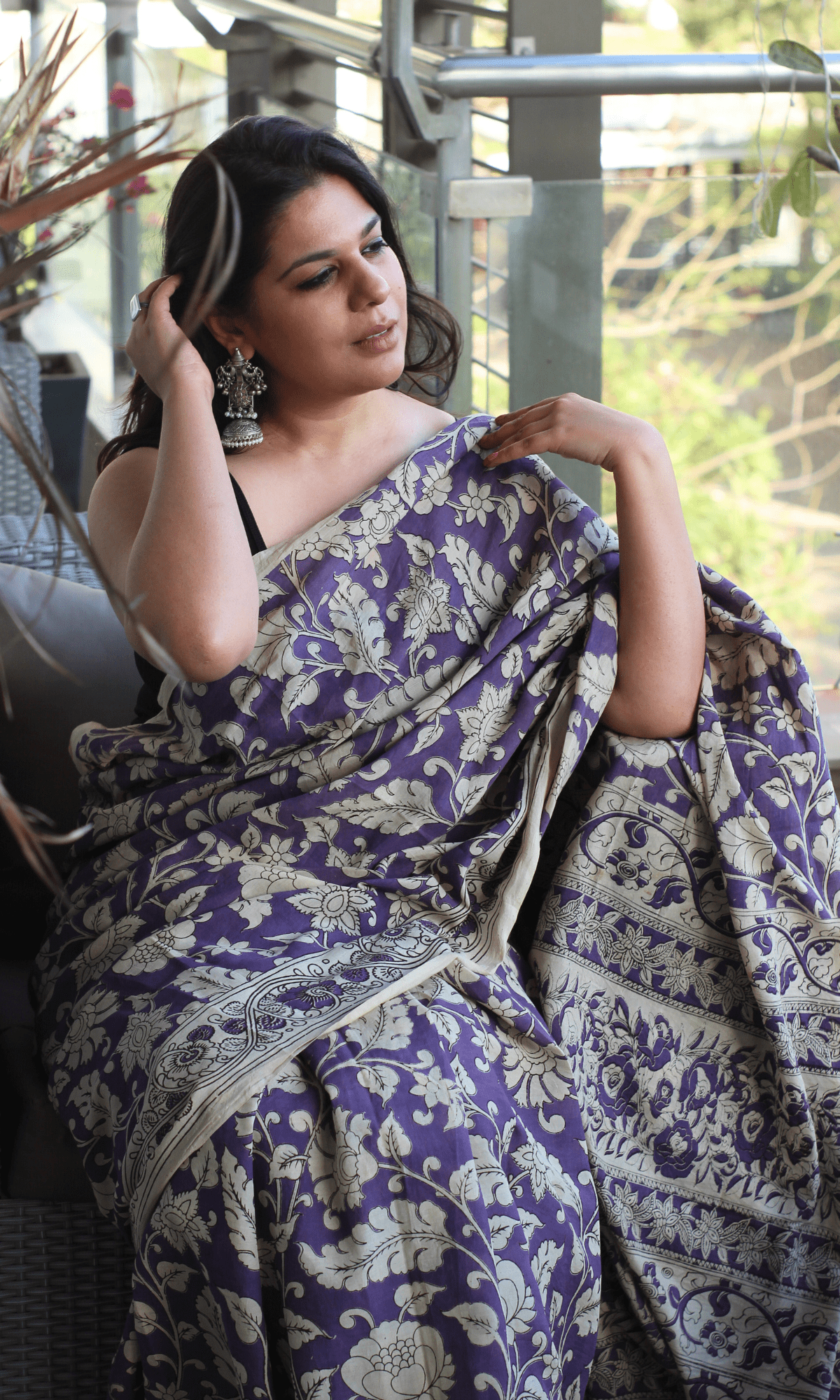 Purple Handblock Kalamkari Silk Saree - Baareeki