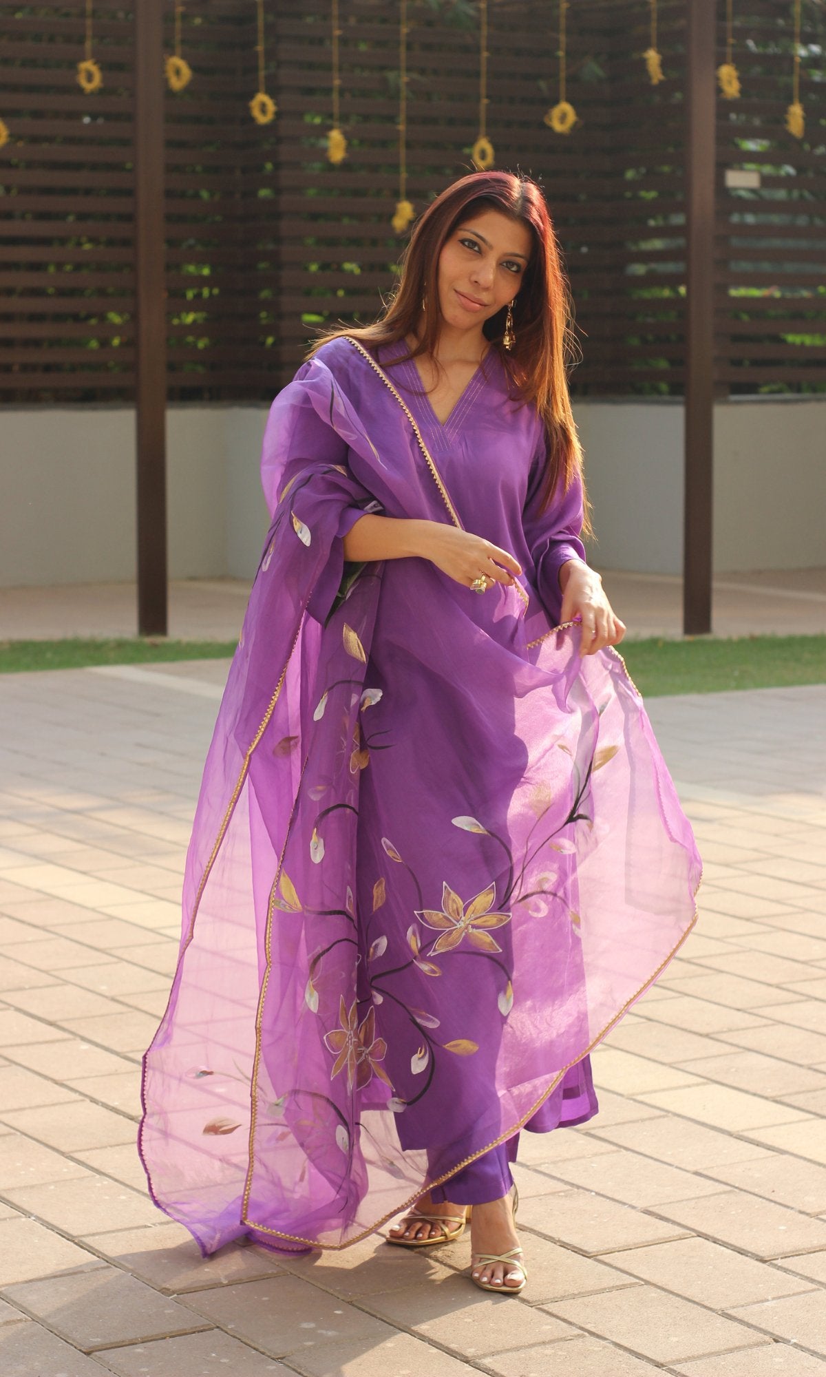 Purple Muslin Silk Bell Sleeves Kurta with Pants and Organza Handbrush Painted Dupatta - Baareeki