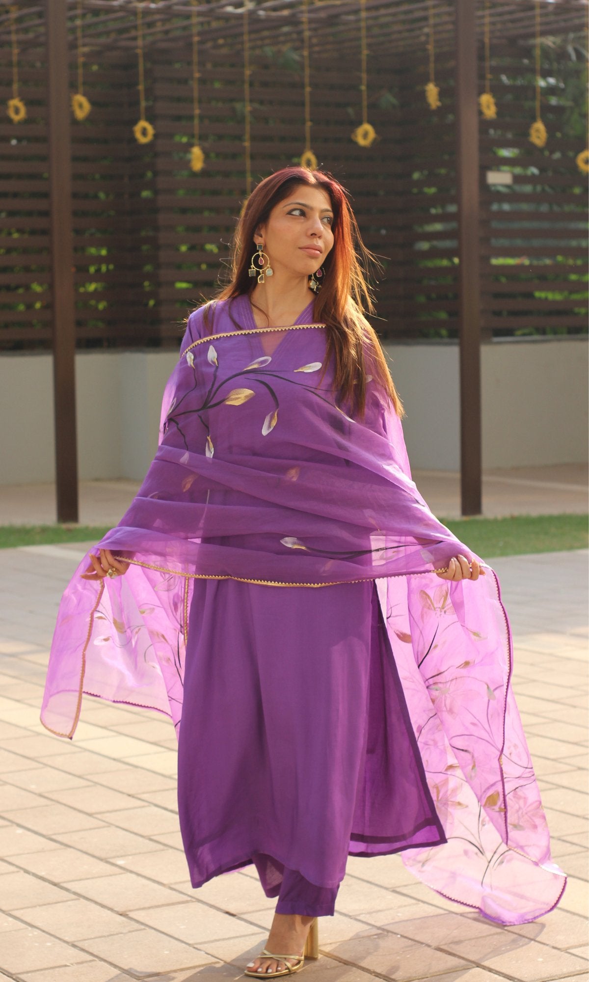 Purple Muslin Silk Bell Sleeves Kurta with Pants and Organza Handbrush Painted Dupatta - Baareeki