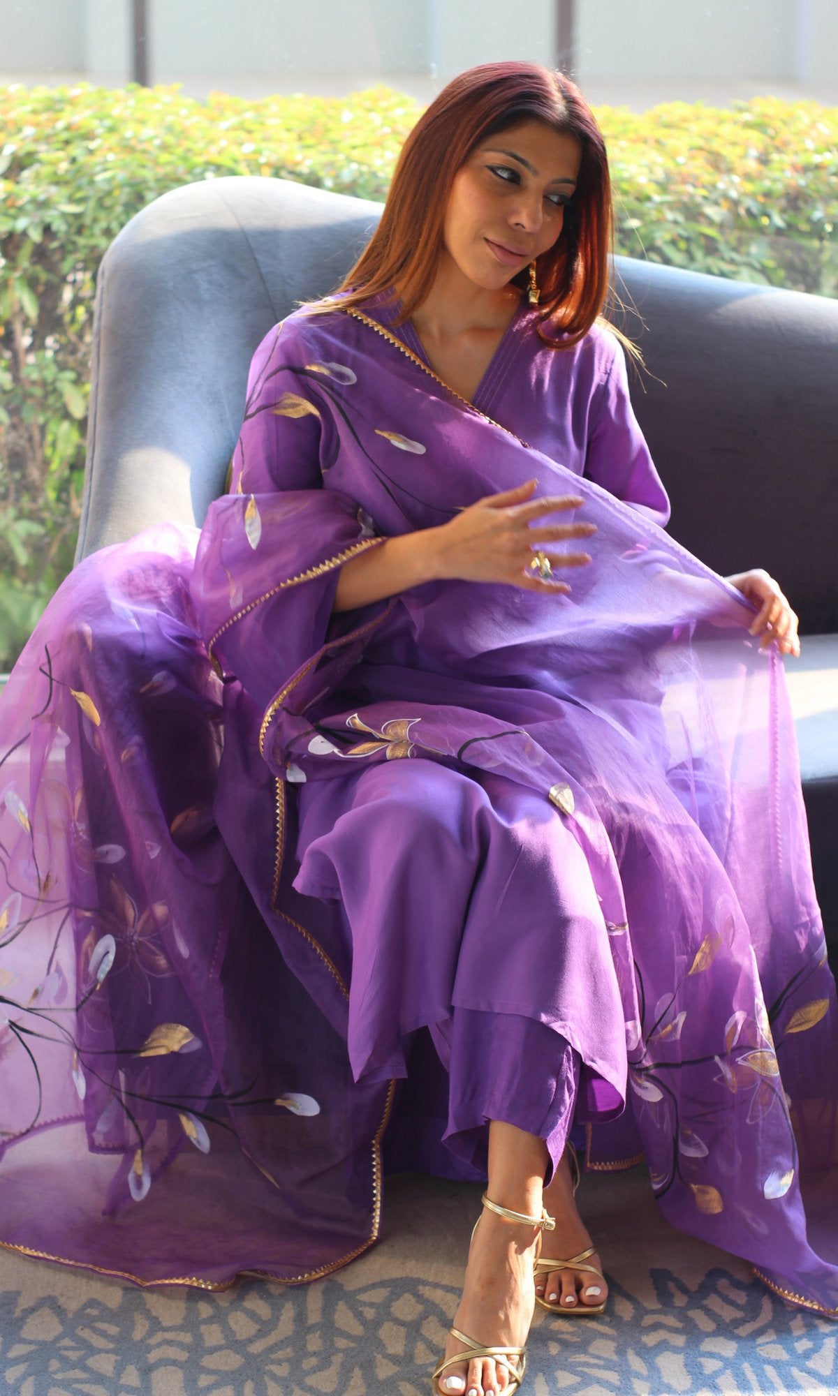 Purple Muslin Silk Bell Sleeves Kurta with Pants and Organza Handbrush Painted Dupatta - Baareeki