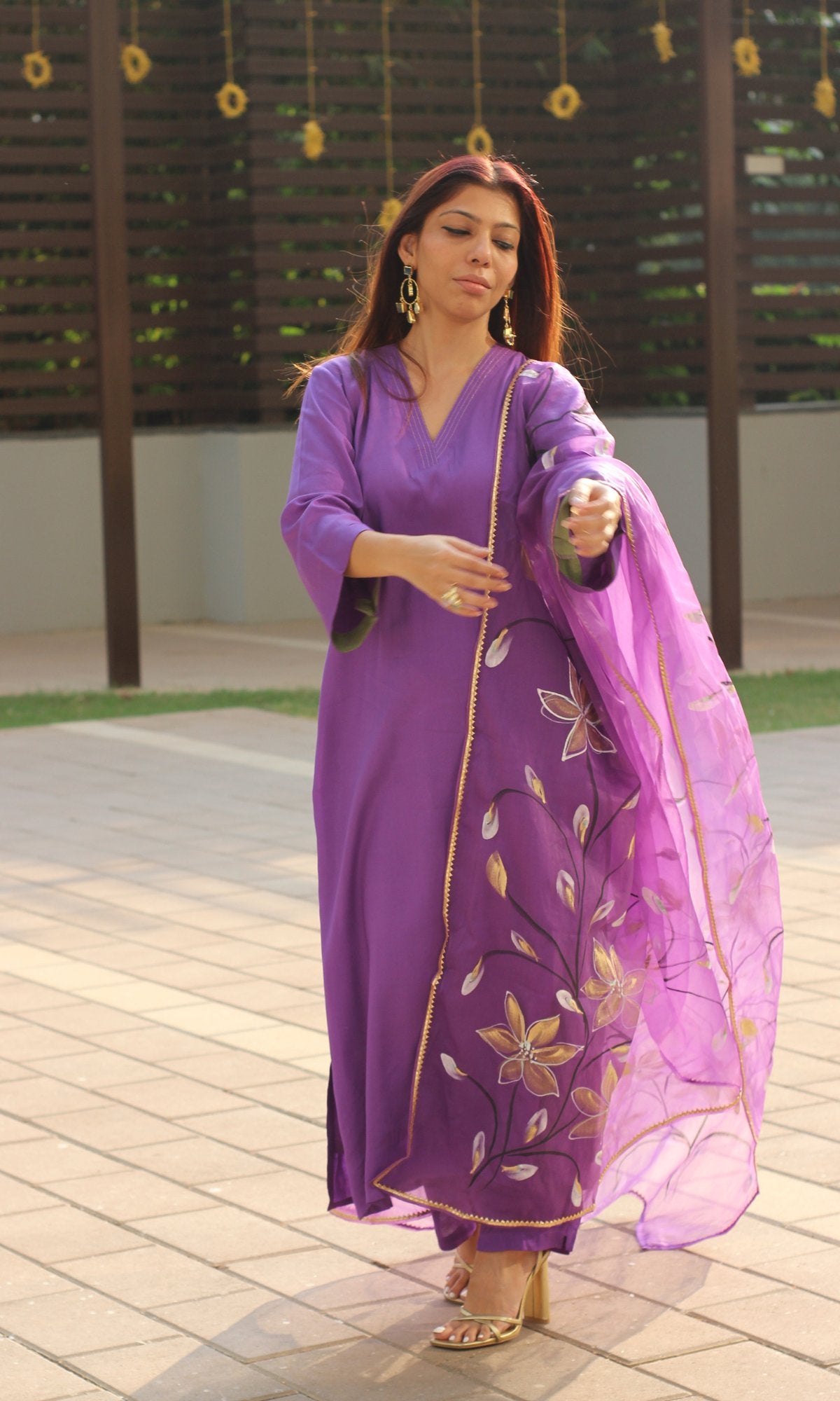 Purple Muslin Silk Bell Sleeves Kurta with Pants and Organza Handbrush Painted Dupatta - Baareeki