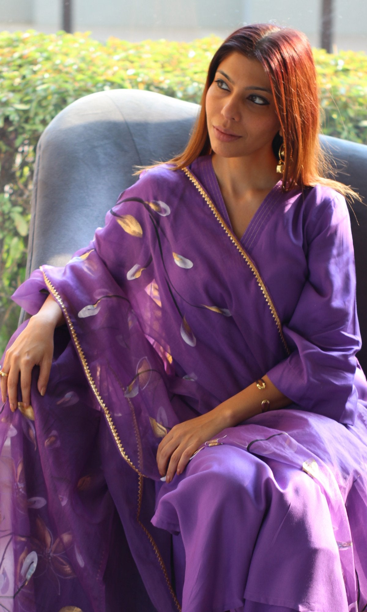 Purple Muslin Silk Bell Sleeves Kurta with Pants and Organza Handbrush Painted Dupatta - Baareeki