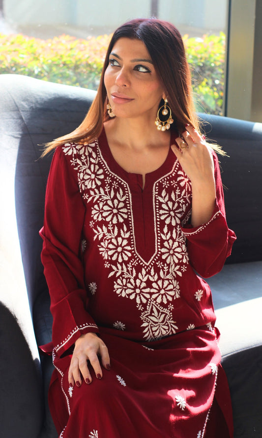 Red Modal Hand Chikankari Kurta - Baareeki