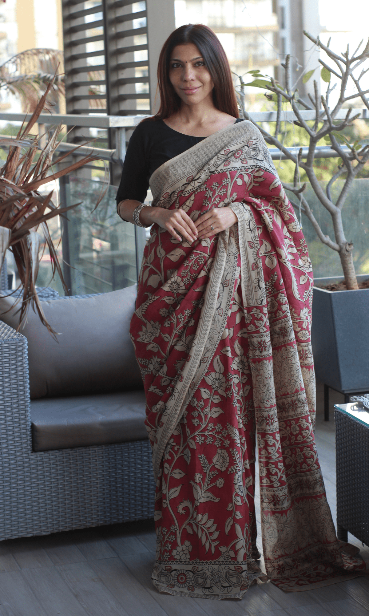 Rose Pink Handblock Kalamkari Silk Saree - Baareeki