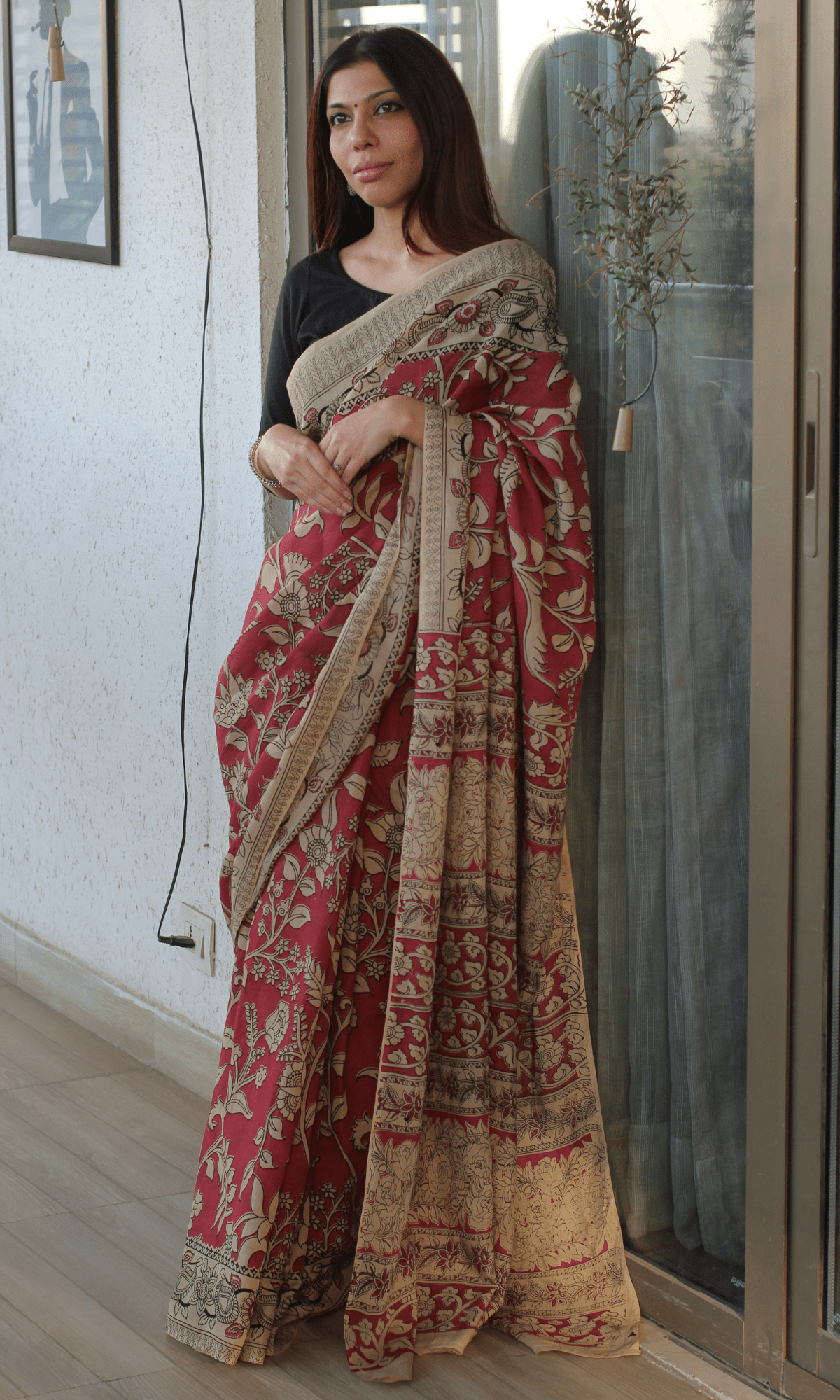 Rose Pink Handblock Kalamkari Silk Saree - Baareeki