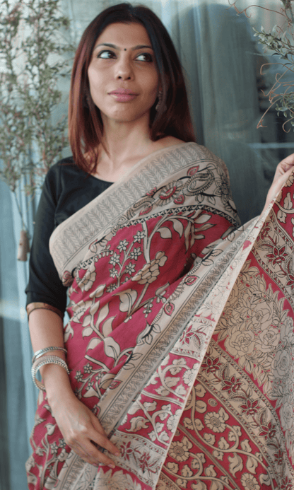 Rose Pink Handblock Kalamkari Silk Saree - Baareeki