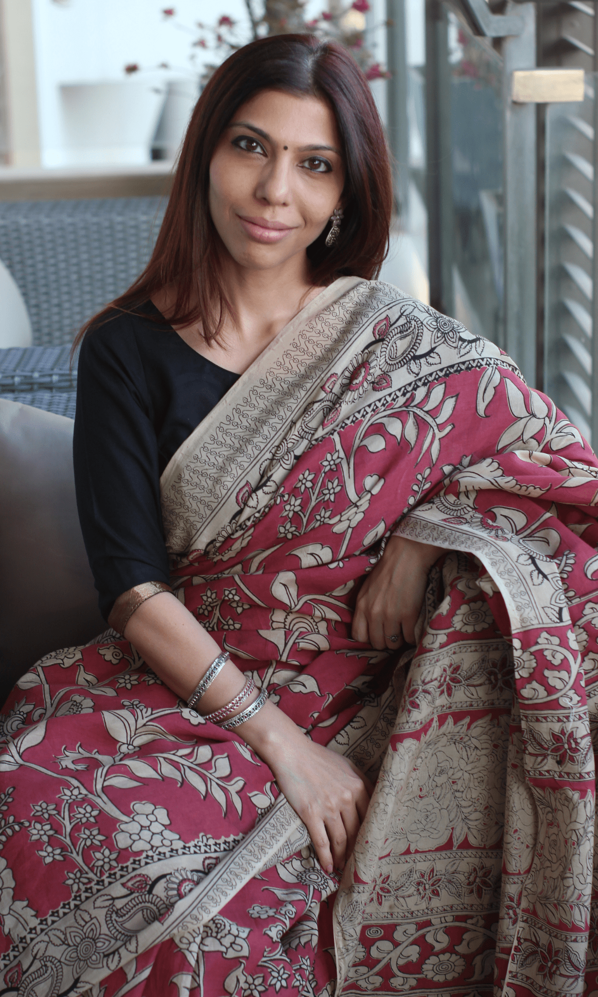 Rose Pink Handblock Kalamkari Silk Saree - Baareeki