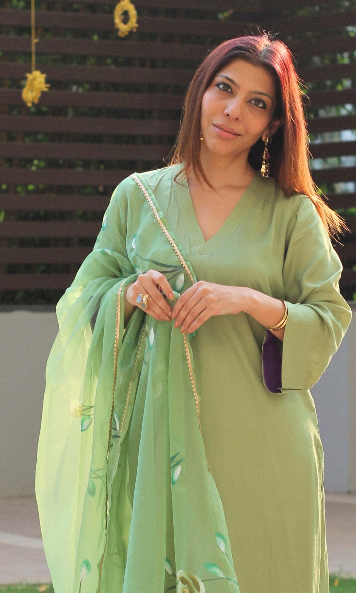 Tea Green Muslin Silk Bell Sleeves Kurta with Pants & Organza Handpainted Dupatta - Baareeki