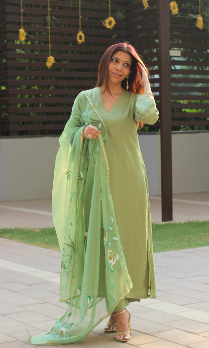 Tea Green Muslin Silk Bell Sleeves Kurta with Pants & Organza Handpainted Dupatta - Baareeki