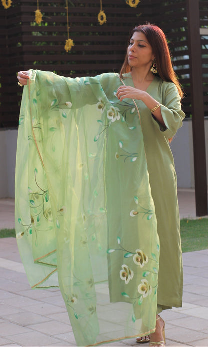 Tea Green Muslin Silk Bell Sleeves Kurta with Pants & Organza Handpainted Dupatta - Baareeki