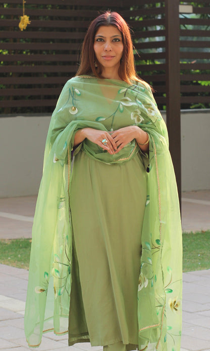 Tea Green Muslin Silk Bell Sleeves Kurta with Pants & Organza Handpainted Dupatta - Baareeki