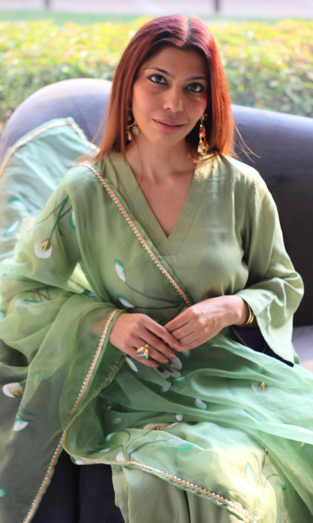 Tea Green Muslin Silk Bell Sleeves Kurta with Pants & Organza Handpainted Dupatta - Baareeki