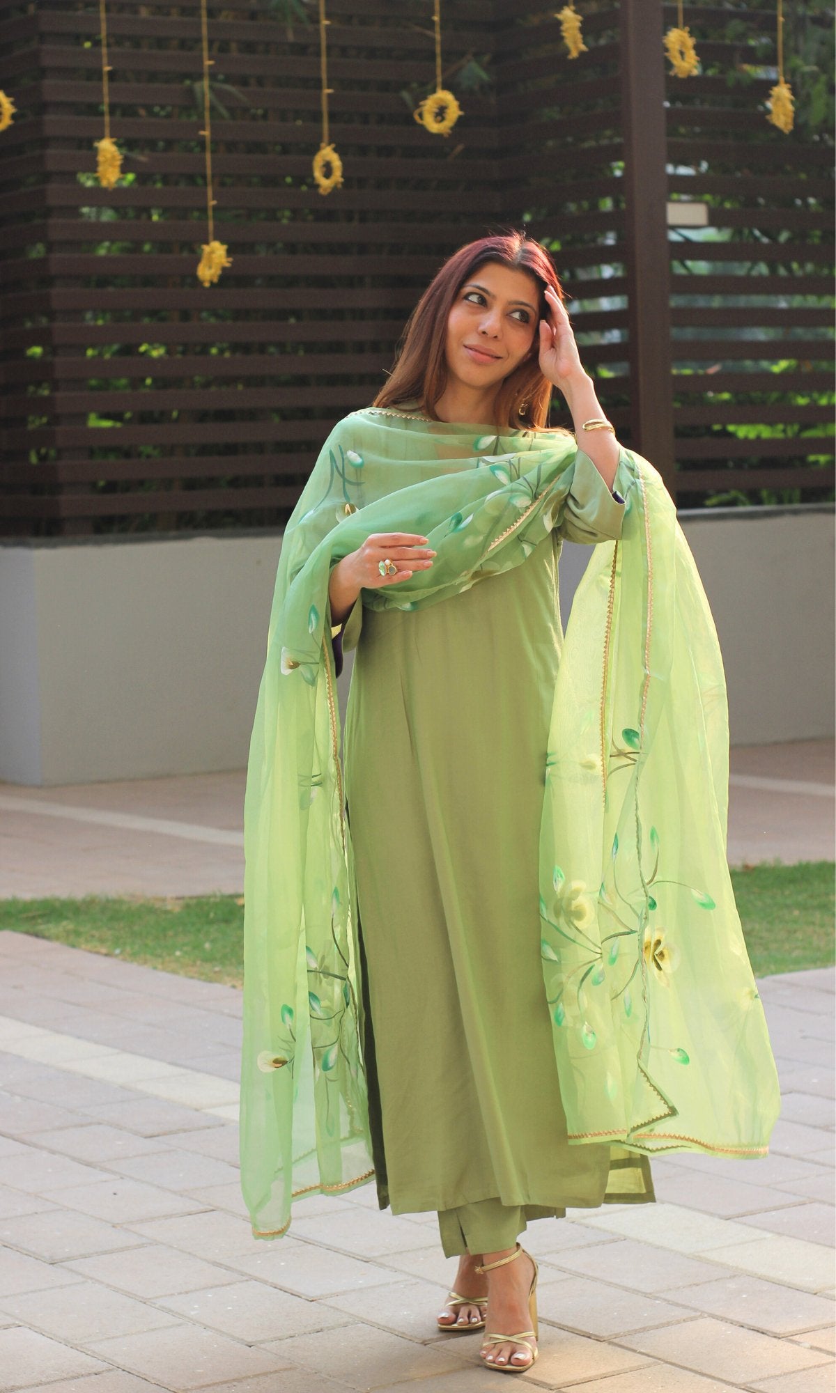 Tea Green Muslin Silk Bell Sleeves Kurta with Pants & Organza Handpainted Dupatta - Baareeki