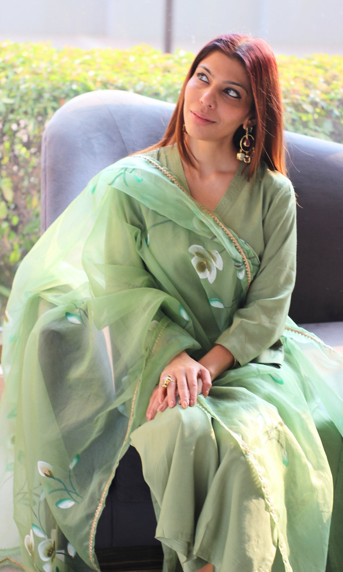 Tea Green Muslin Silk Bell Sleeves Kurta with Pants & Organza Handpainted Dupatta - Baareeki