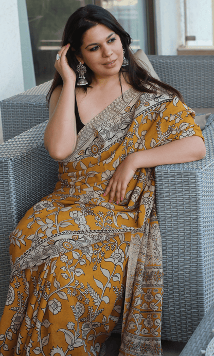 Yellow Handblock Kalamkari Silk Saree - Baareeki