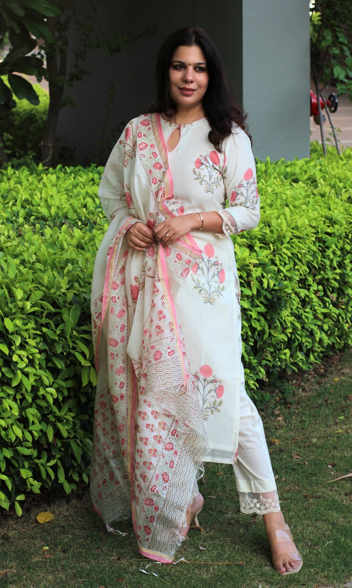 Chanderi Handblock White and Pink Suit and Dupatta with Cotton Pants - Baareeki