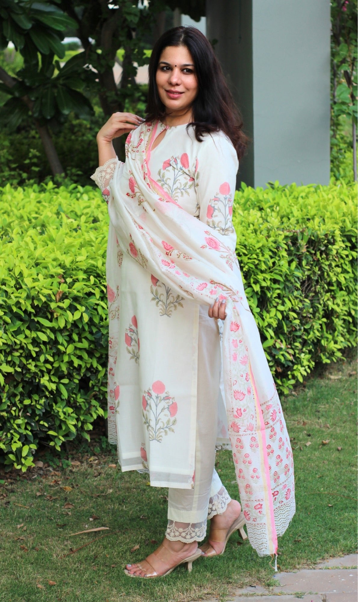 Chanderi Handblock White and Pink Suit and Dupatta with Cotton Pants - Baareeki