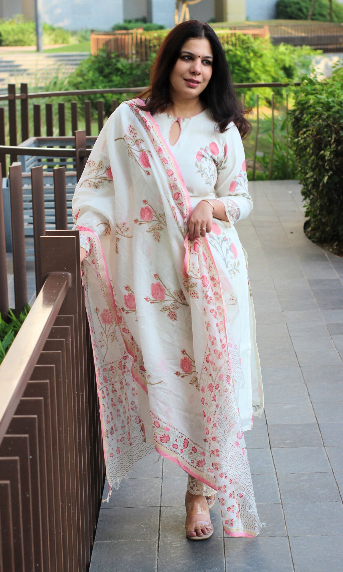 Chanderi Handblock White and Pink Suit and Dupatta with Cotton Pants - Baareeki