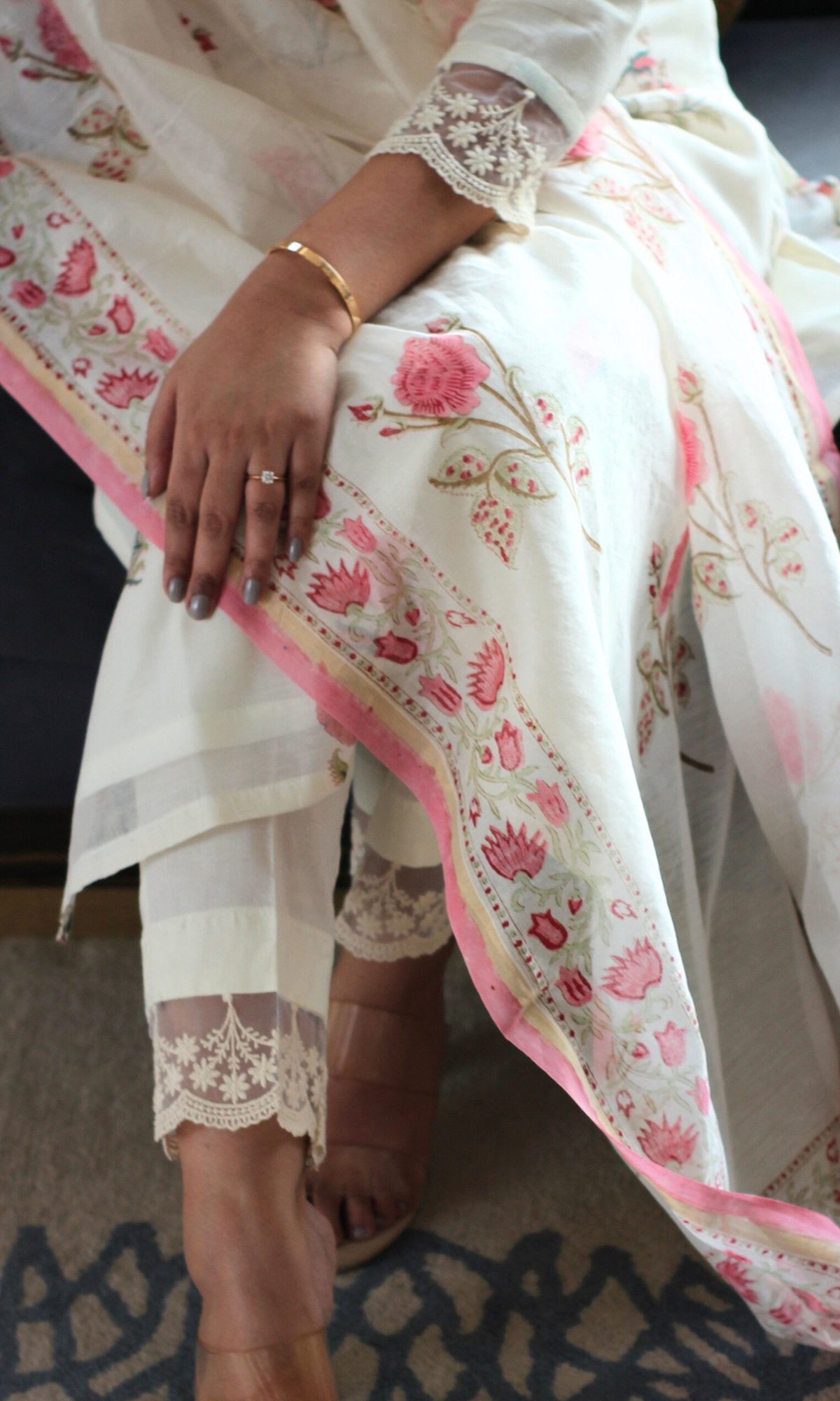 Chanderi Handblock White and Pink Suit and Dupatta with Cotton Pants - Baareeki