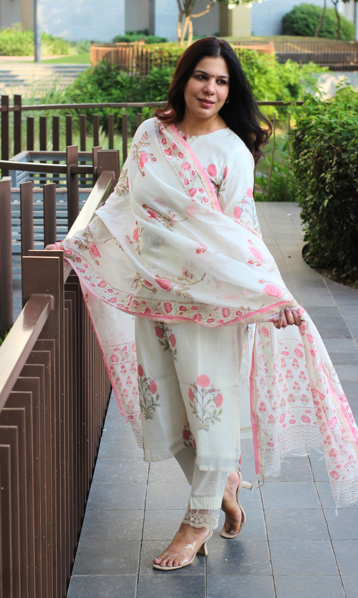 Chanderi Handblock White and Pink Suit and Dupatta with Cotton Pants - Baareeki