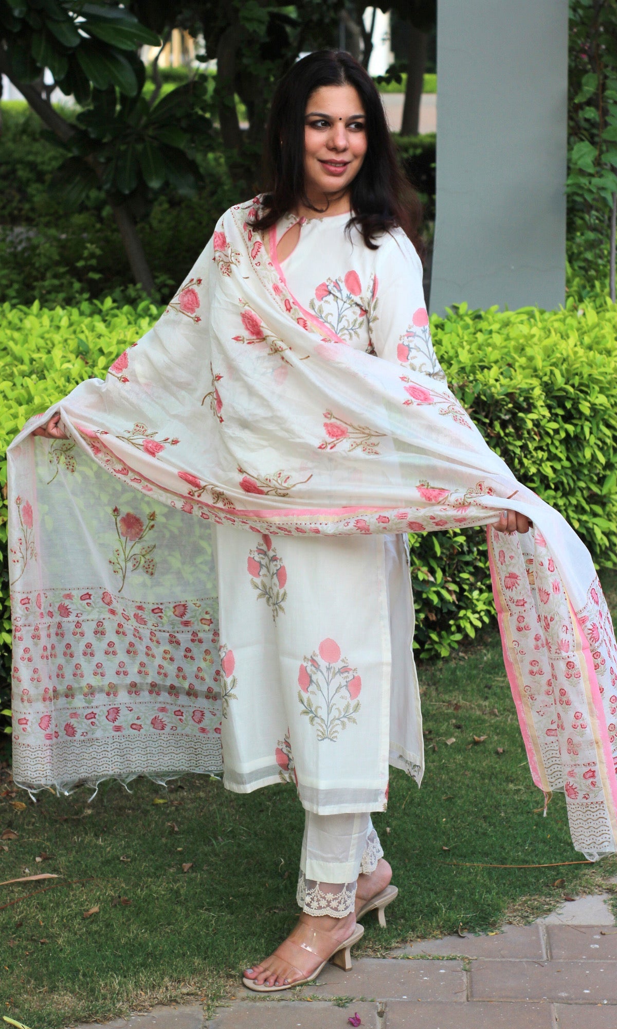 Chanderi Handblock White and Pink Suit and Dupatta with Cotton Pants - Baareeki