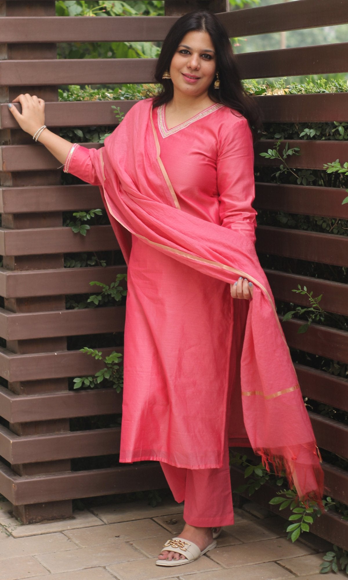 Chanderi Silk Fuchsia Handbead and Sequin Work Kurta and Dupatta with Cotton Pants - Baareeki