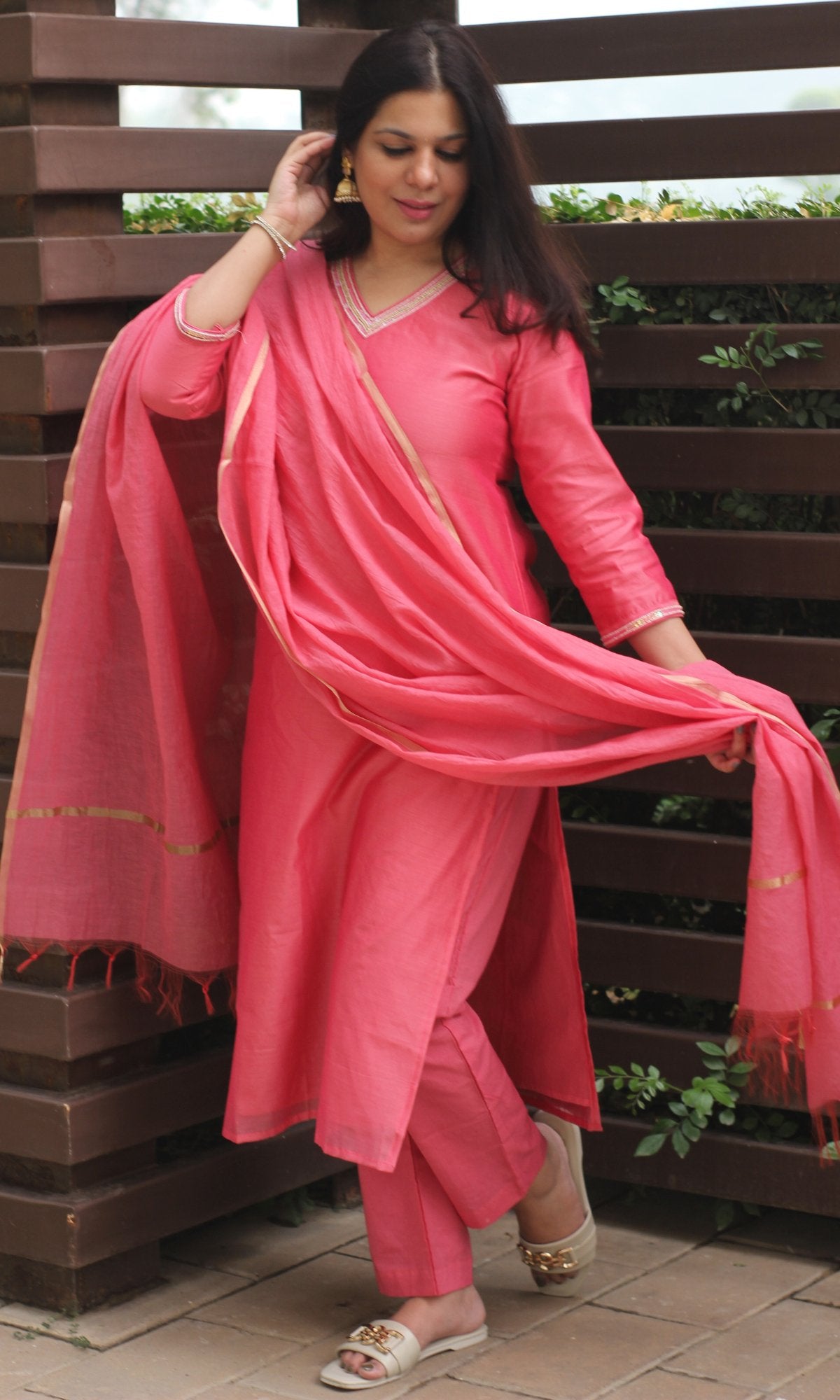 Chanderi Silk Fuchsia Handbead and Sequin Work Kurta and Dupatta with Cotton Pants - Baareeki