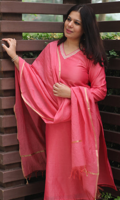 Chanderi Silk Fuchsia Handbead and Sequin Work Kurta and Dupatta with Cotton Pants - Baareeki