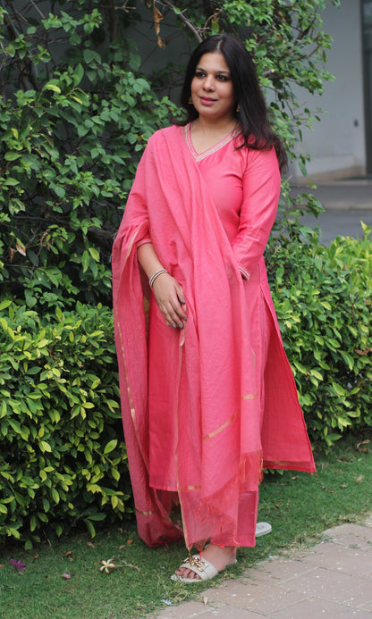 Chanderi Silk Fuchsia Handbead and Sequin Work Kurta and Dupatta with Cotton Pants - Baareeki